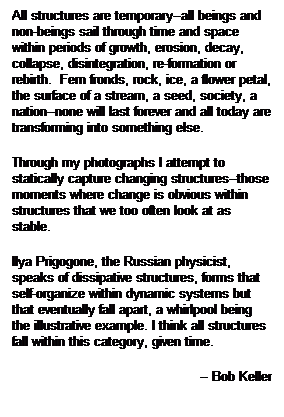 Text Box: All structures are temporary--all beings and non-beings sail through time and space within periods of growth, erosion, decay, collapse, disintegration, re-formation or rebirth.  Fern fronds, rock, ice, a flower petal, the surface of a stream, a seed, society, a nation--none will last forever and all today are transforming into something else.
Through my photographs I attempt to statically capture changing structures--those moments where change is obvious within structures that we too often look at as stable.
Ilya Prigogone, the Russian physicist, speaks of dissipative structures, forms that self-organize within dynamic systems but that eventually fall apart, a whirlpool being the illustrative example. I think all structures fall within this category, given time.
-- Bob Keller
 
